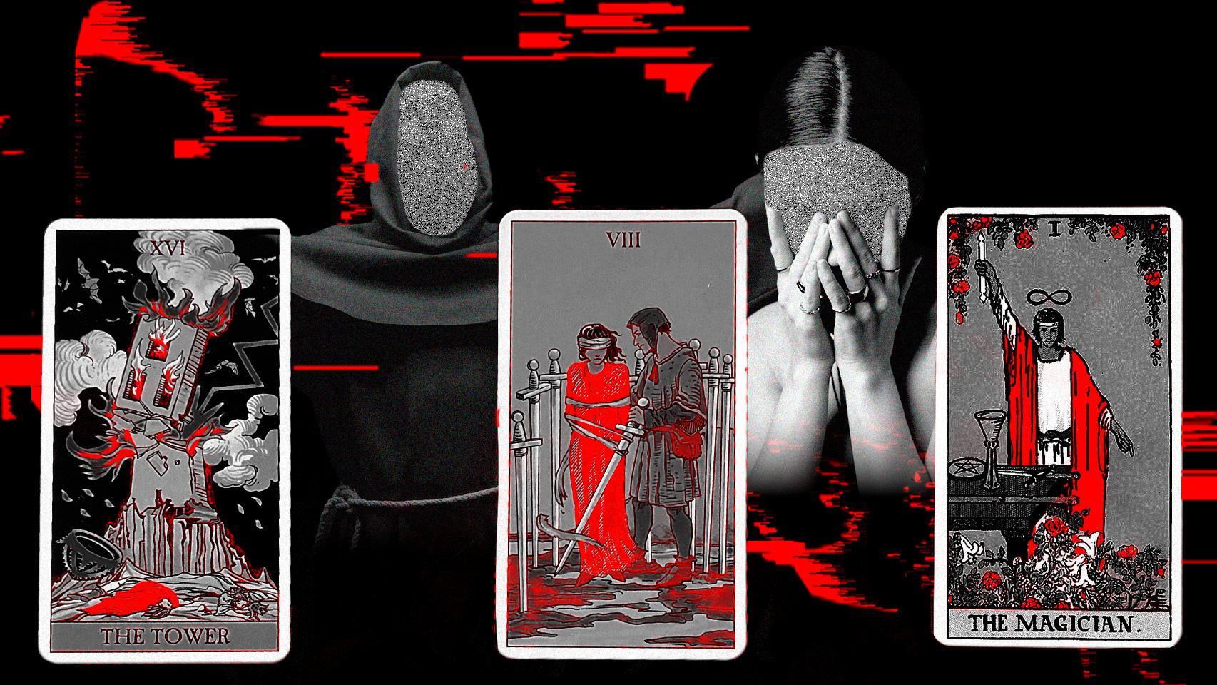 Diseño realizado por EL ESPAÑOL, donde se muestran un par de cartas del tarot, una mujer y un hombre.