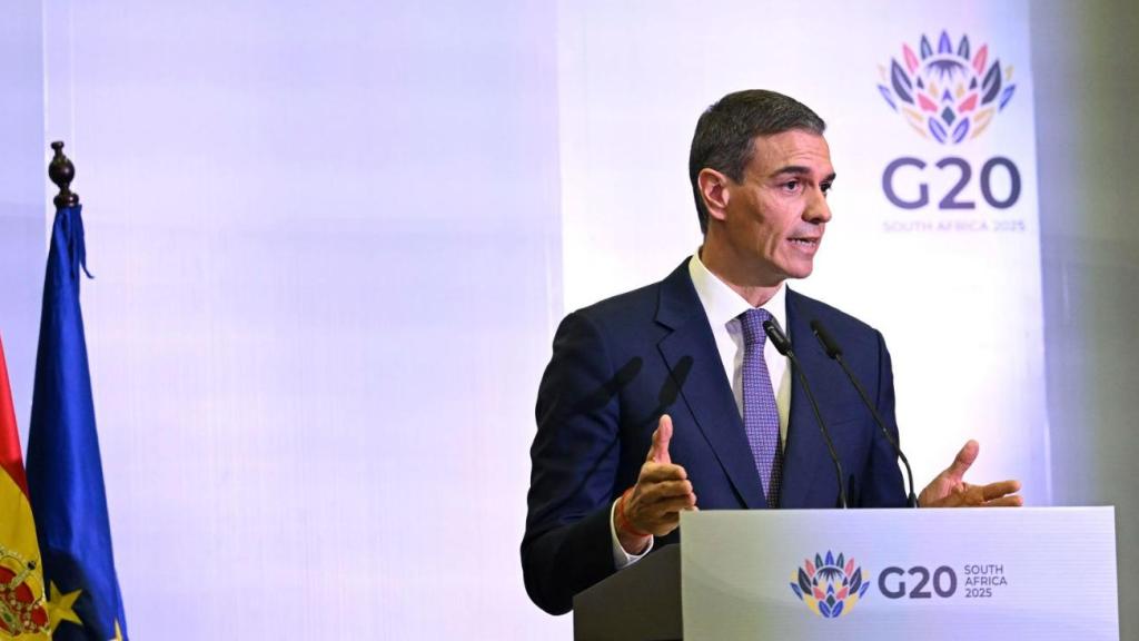 Pedro Sanchez falando neste domingo desde Joanesburgo.