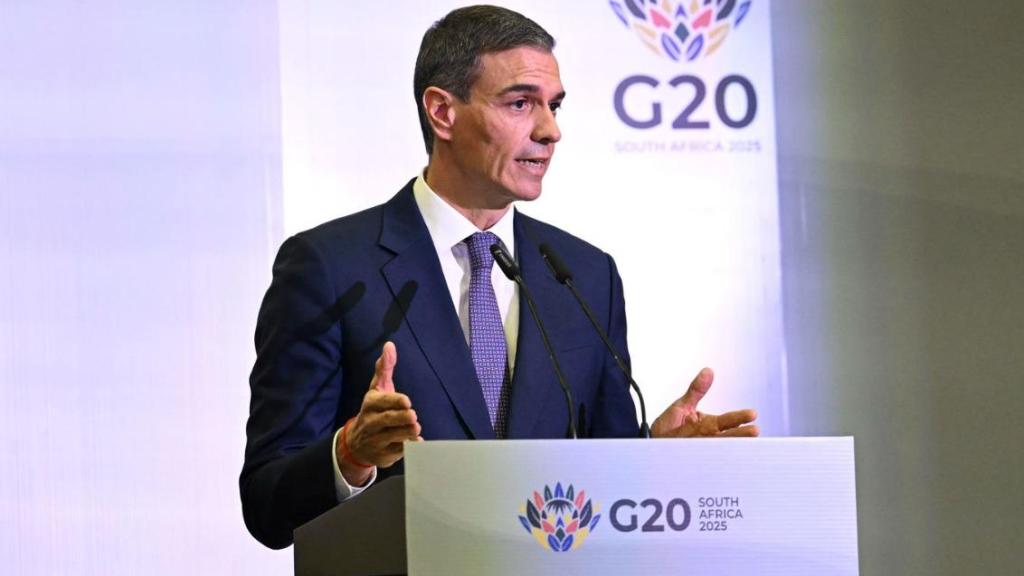 El presidente Pedro Sánchez, durante su comparecencia de este domingo desde Johannesburgo.