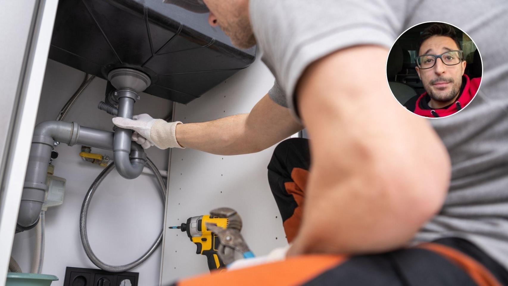 Montaje con una imagen de archivo de un fontanero y una imagen de Ema.