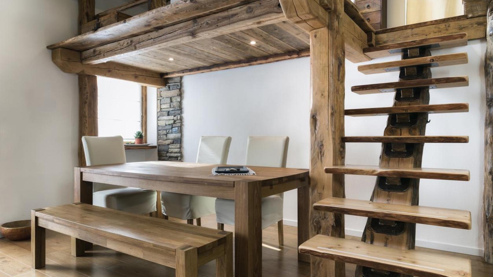 Casa con muebles y escalera de madera.