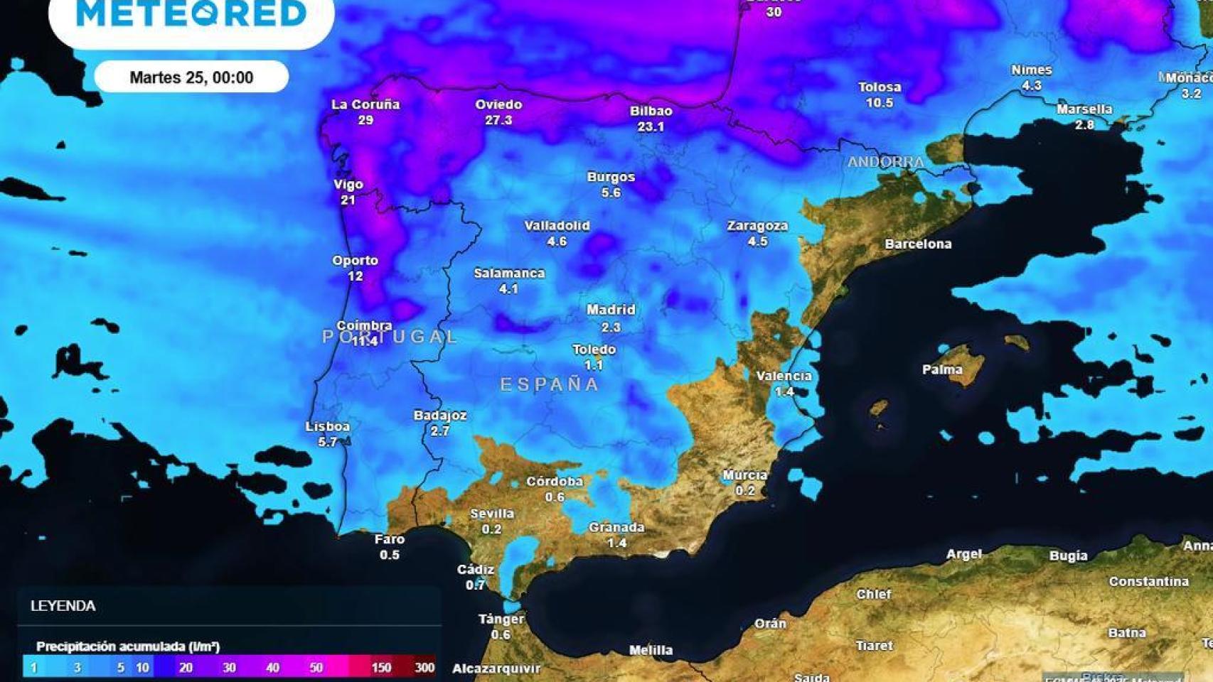 Acumulados de lluvia hasta el martes