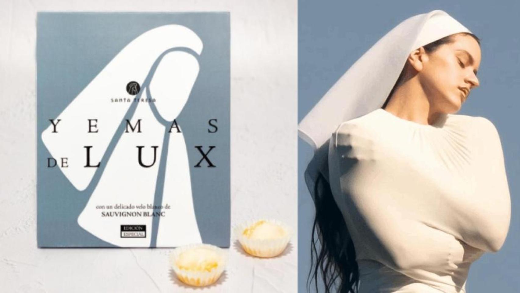 Las Yemas de Santa Teresa de Lux y una imagen de Rosalía en la portada de su último disco, en un montaje de EL ESPAÑOL