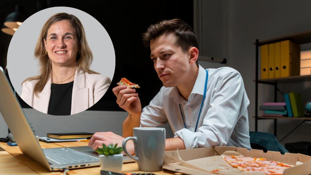 Montaje de Ana Lahuerta con un empleado comiendo en su puesto de trabajo (Freepik)