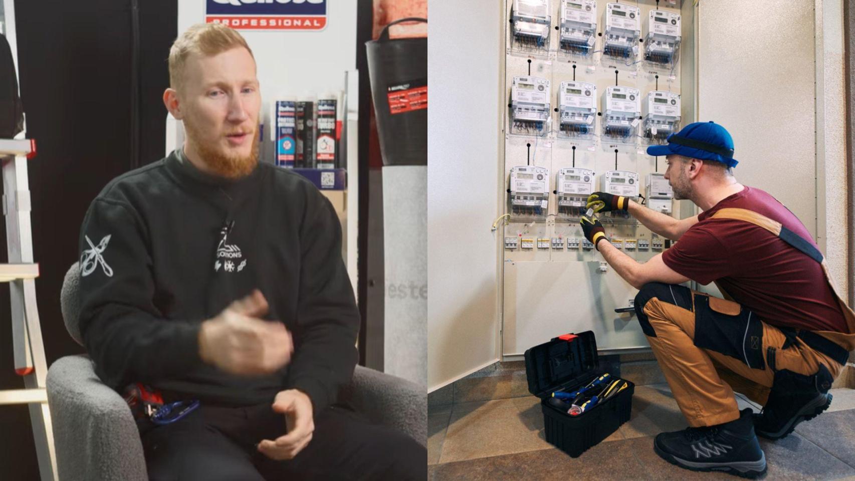 Montaje con una imagen de Alex Zsurzs y una imagen de archivo de un electricista.
