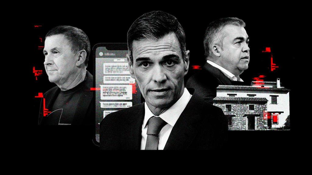 Pedro Sánchez, entre Arnaldo Otegi y Santos Cerdán.