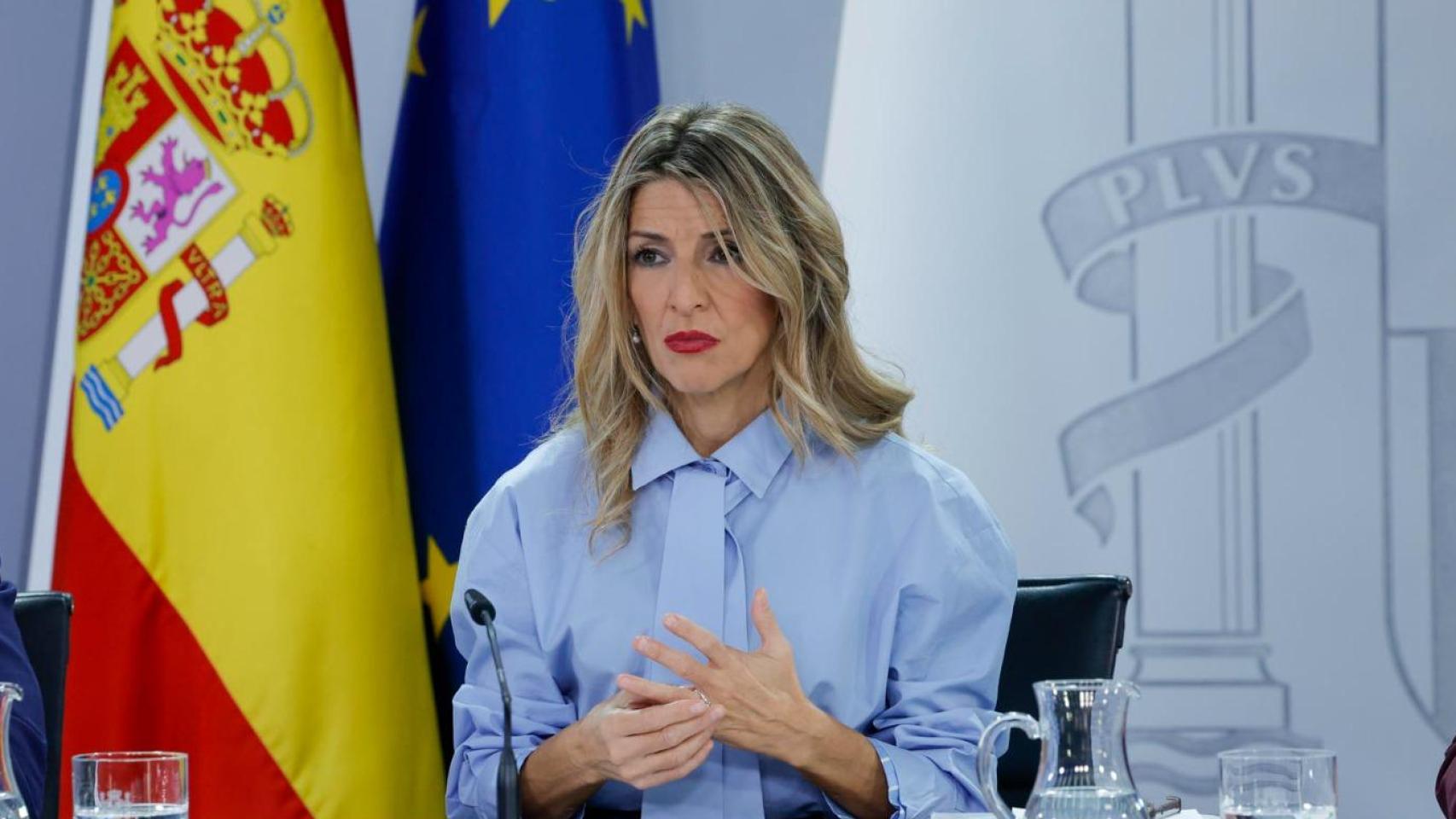 La vicepresidenta segunda y ministra de Trabajo y Economía Social, Yolanda Díaz, durante la rueda de prensa posterior al Consejo de Ministros.