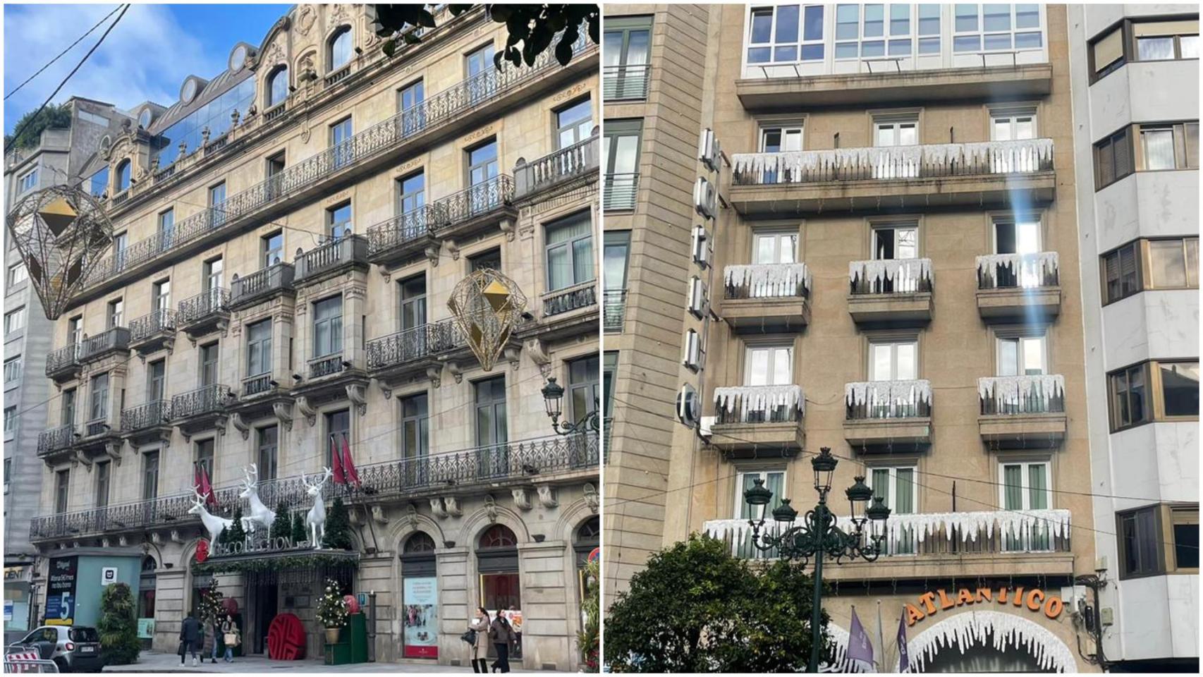 Fachadas del NH y del Hotel Atlántico, decoradas con adornos de Navidad.