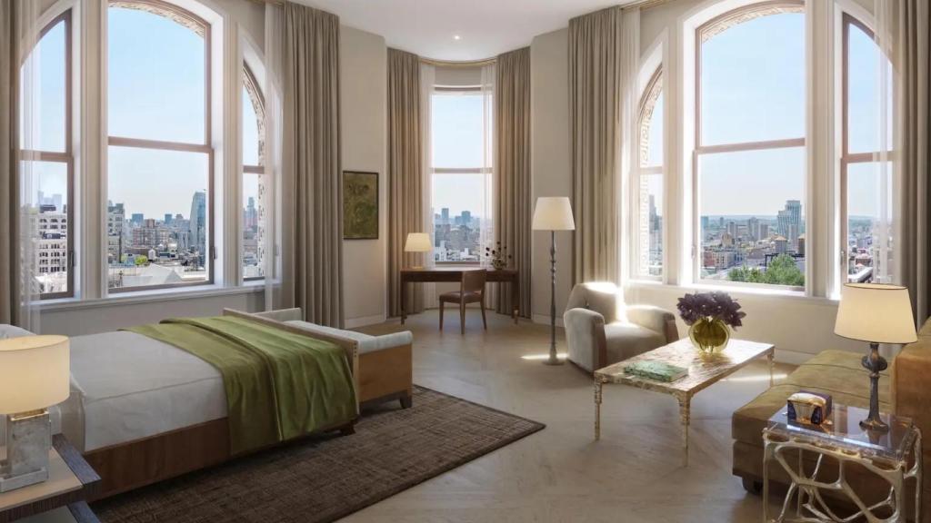 Un dormitorio de uno de los pisos del edificio Flatiron de Nueva York.