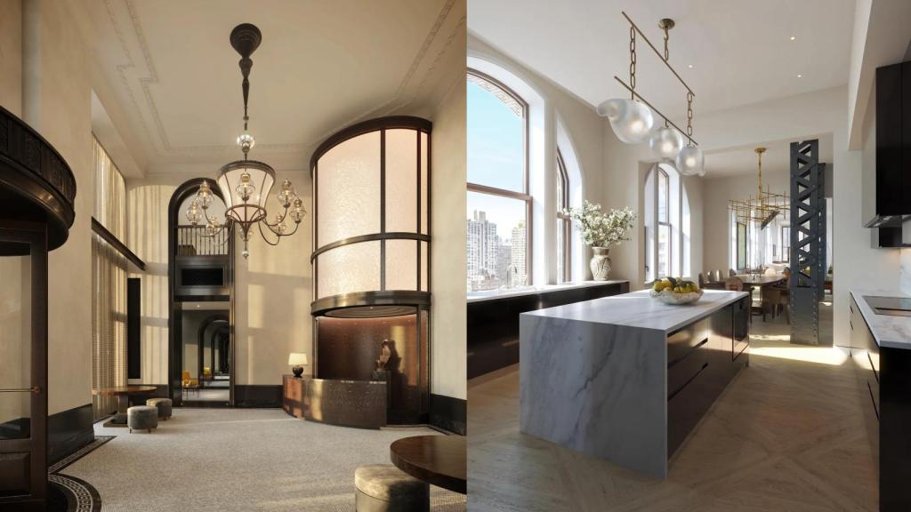 La entrada del Flatiron (izqda) y la cocina de uno de los pisos (dcha).