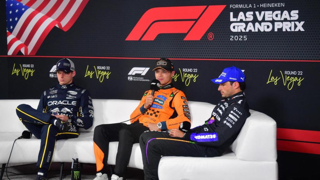 Verstappen, Norris y Sainz, tras la qualy del GP de Las Vegas.