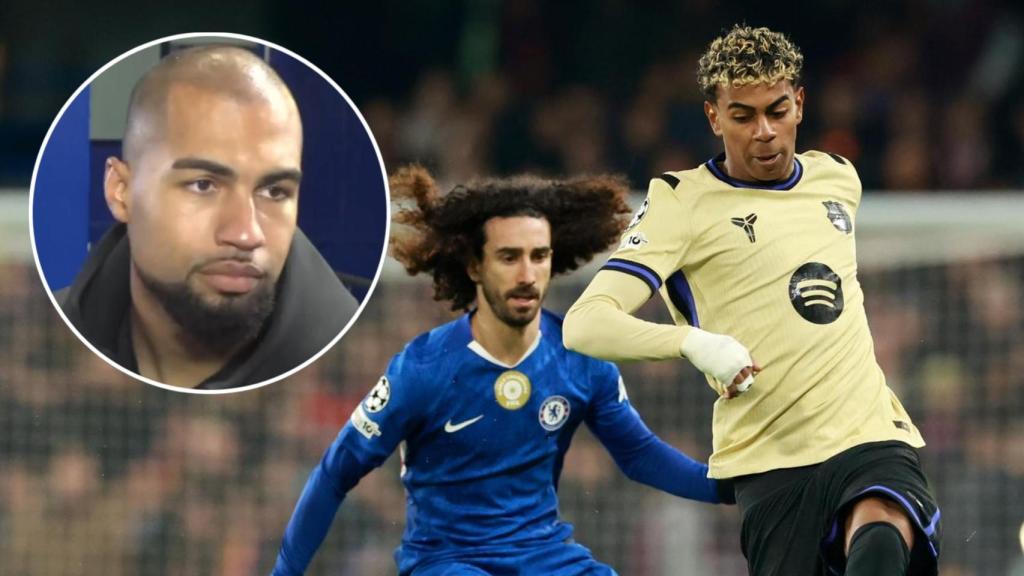 Cucurella y Lamine Yamal, durante el partido, y Robert Sánchez en zona mixta