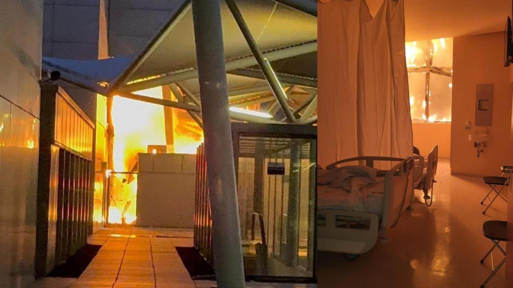 A la izquierda, el supuesto foco del incendio. A la derecha, la perspectiva visual que tenía un paciente dela evolución de las llamas por la fachada del Hospital Santa Lucía.