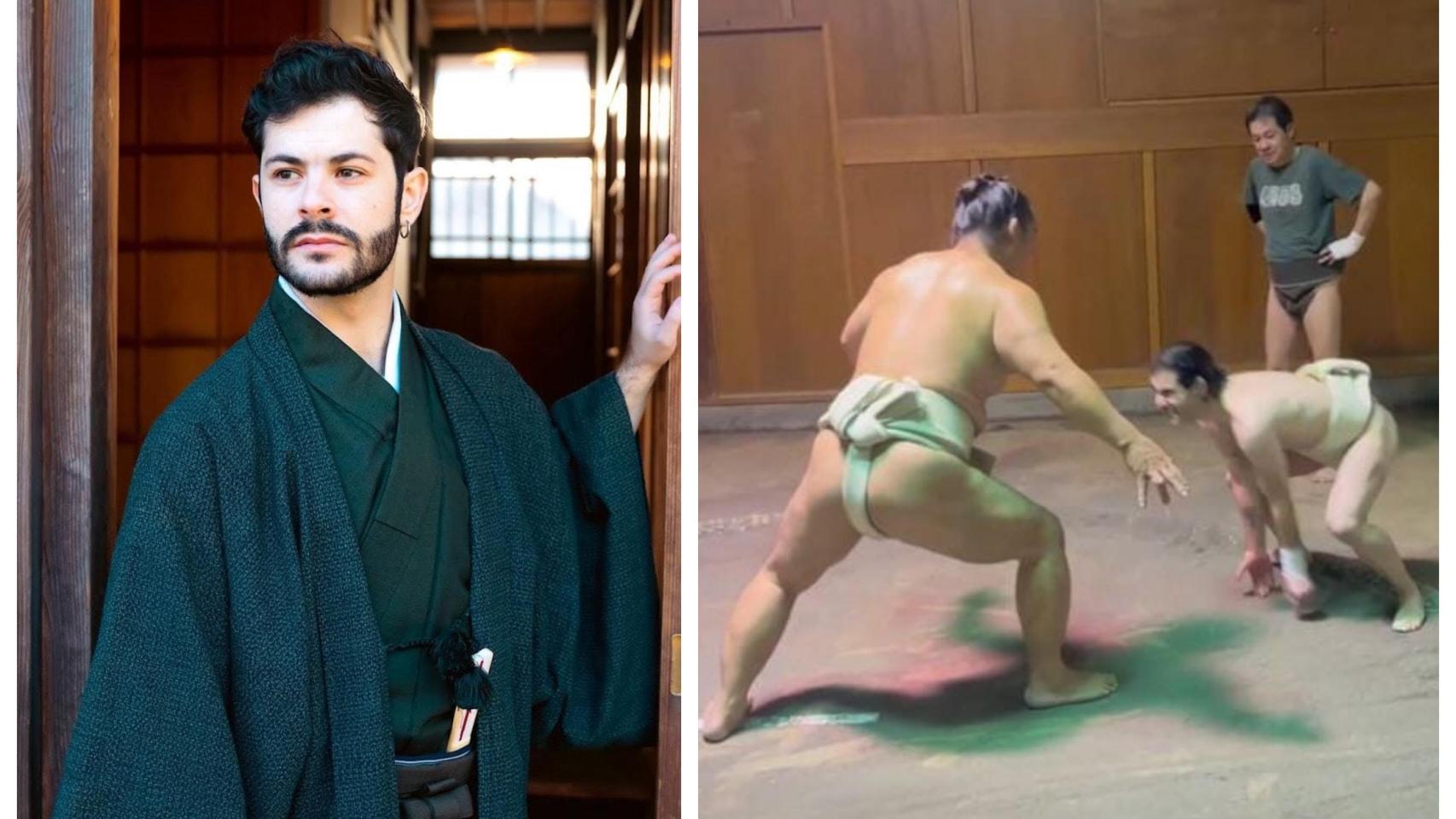 A la izquierda Esteve en su faceta como modelo, a la derecha entrenando en el dohyo (ring de sumo).