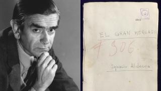 El escritor Ignacio Aldecoa. A la derecha, el mecanoscrito de su novela inédita 'El Gran Mercado'.