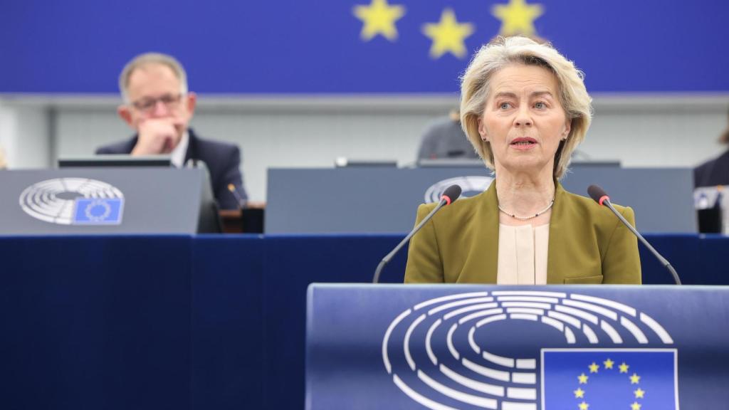 La presidenta de la Comisión, Ursula von der Leyen, durante su discurso de este miércoles en la Eurocámara