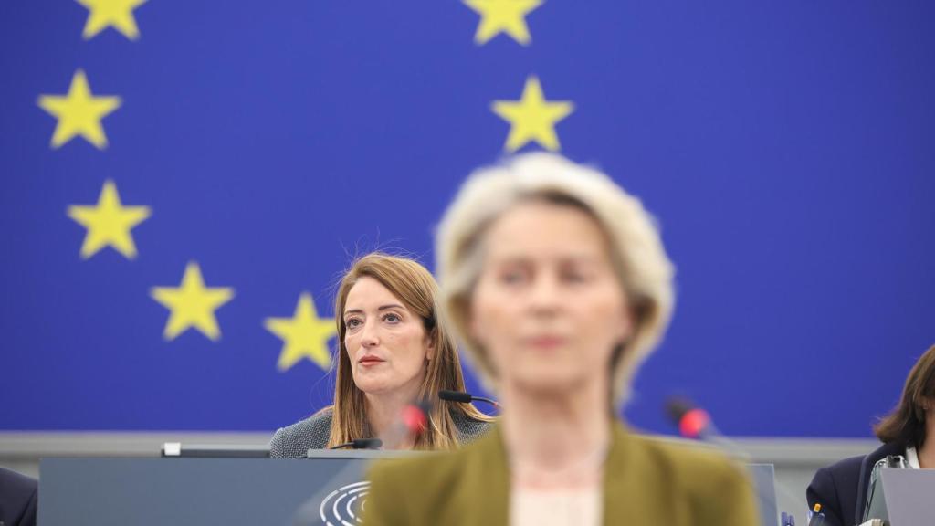 Presidente do Parlamento Europeu, Roberta Metsola, durante o debate sobre a Ucrânia esta quarta-feira