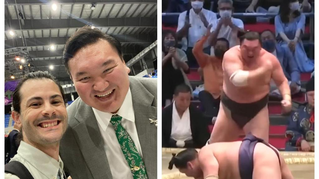 Esteve junto a Hakuhō Shō en la izquierda, a la derecha Hakuhō Shō tras derrotar a un rival en el dohyo.