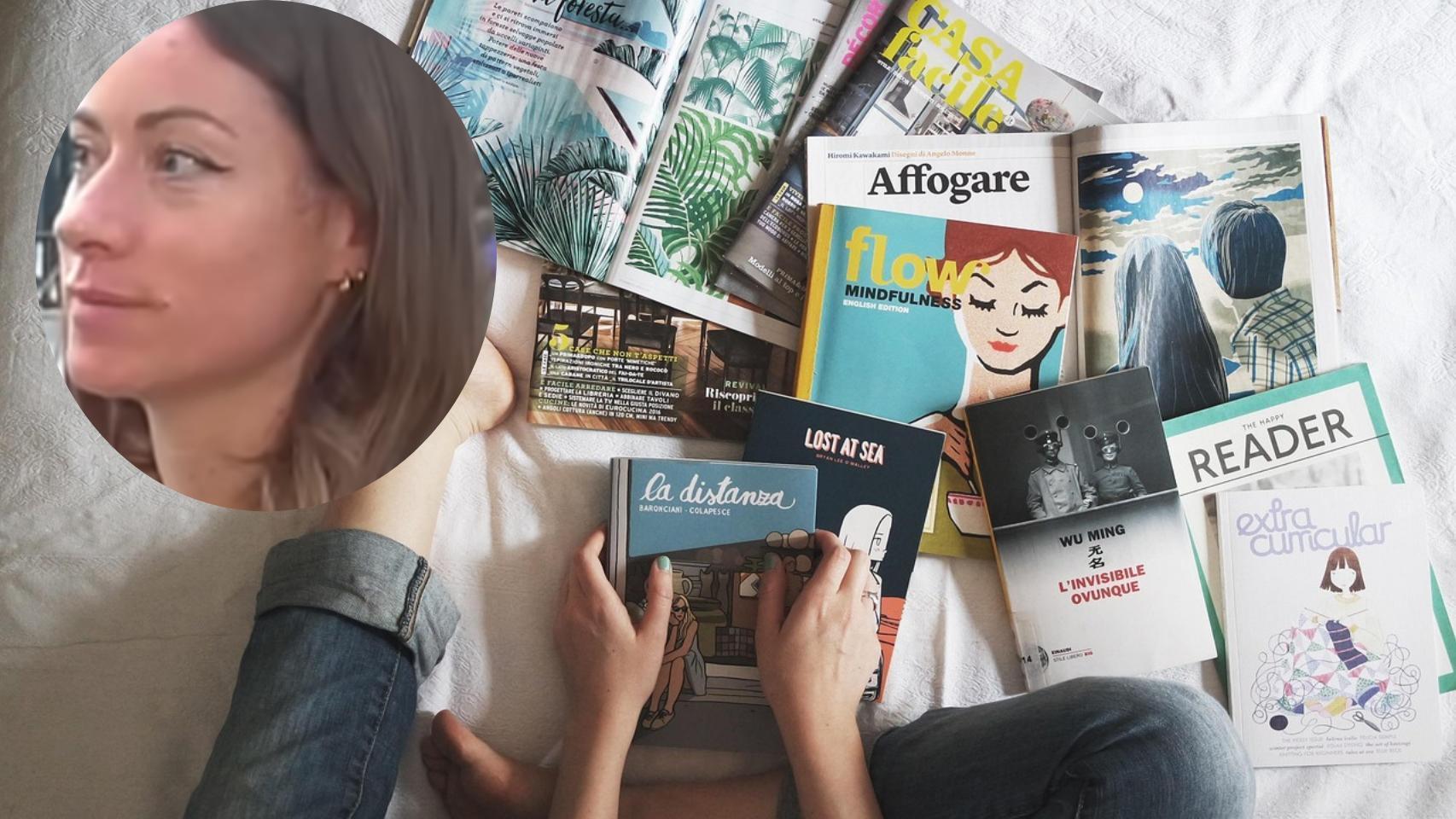 Montaje de traductora con libros en diferentes idiomas (Pixabay).