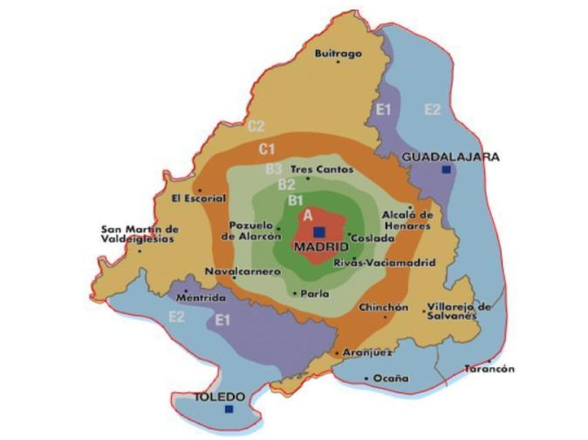Zonas tarifarias del sistema de transporte público madrileño.