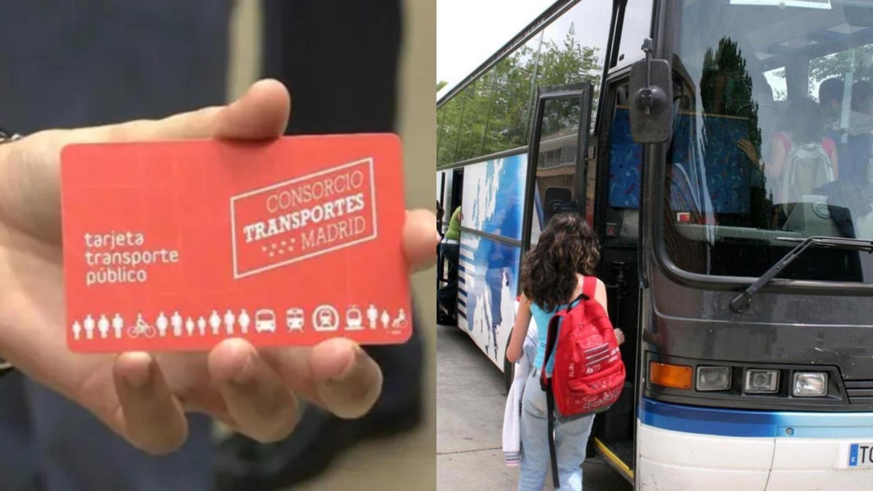 Montaje de una foto del abono de transporte de Madrid y una joven subiendo a un autobús.