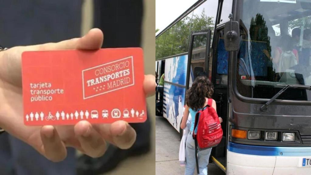 Montaje de una foto del abono de transporte de Madrid y una joven subiendo a un autobús.