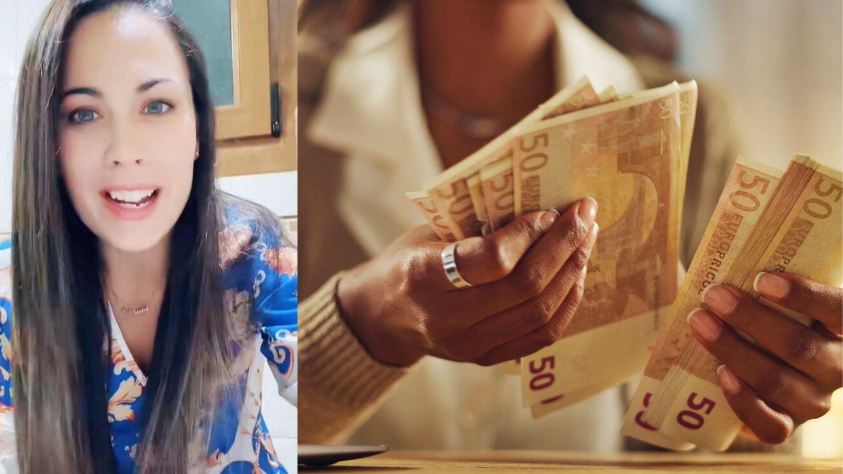 Mujer contando billetes y Sheila Ortega, creadora de contenido.