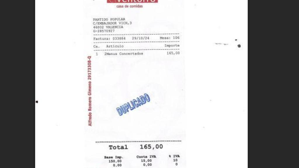 Factura de la comida del 29 de octubre. EE