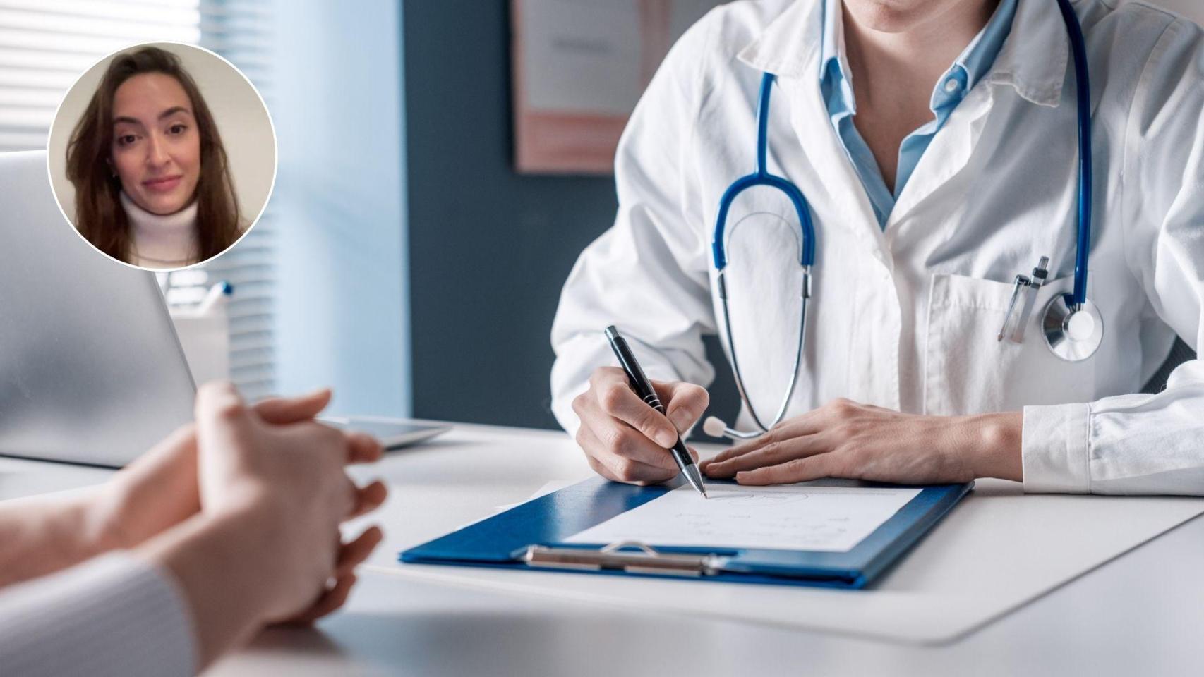 Montaje con una imagen de archivo de una doctora y una imagen de Ana Pérez.