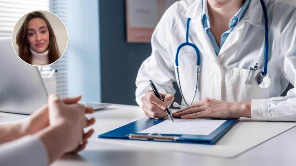 Montaje con una imagen de archivo de una doctora y una imagen de Ana Pérez.