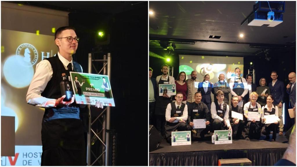 Martín González, a la izquierda, y el grupo de participantes en el concurso, a la derecha.