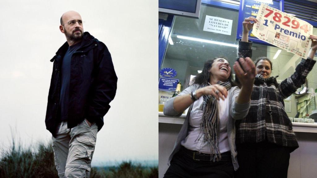 Montaje con una imagen de Costis Mitsotakis y una imagen de archivo de ganadores del Gordo.