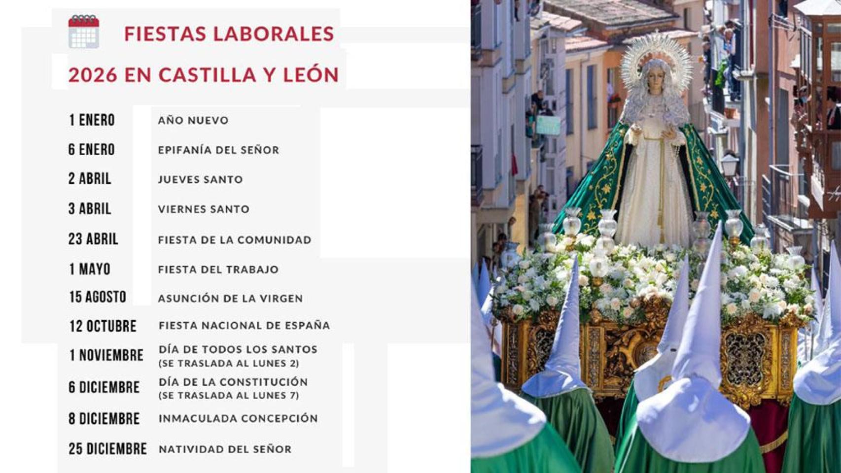 Calendario laboral 2026 en Castilla y León: festivos confirmados, puentes y días no lectivos