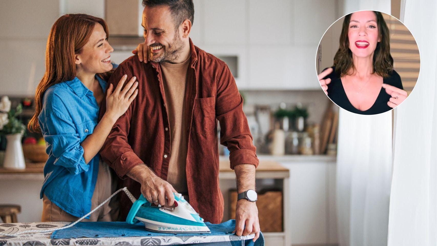 Una pareja haciendo las tareas del hogar y la abogada (@yourtrustedlawyer).