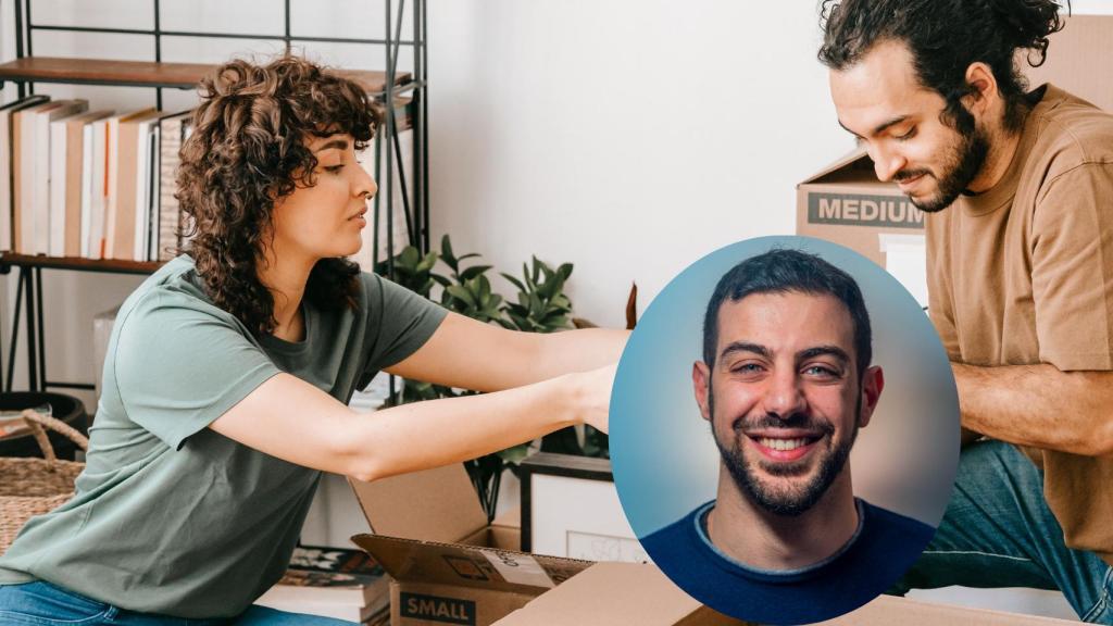 Montaje de Luca Contella con una pareja de jóvenes viviendo de alquiler.