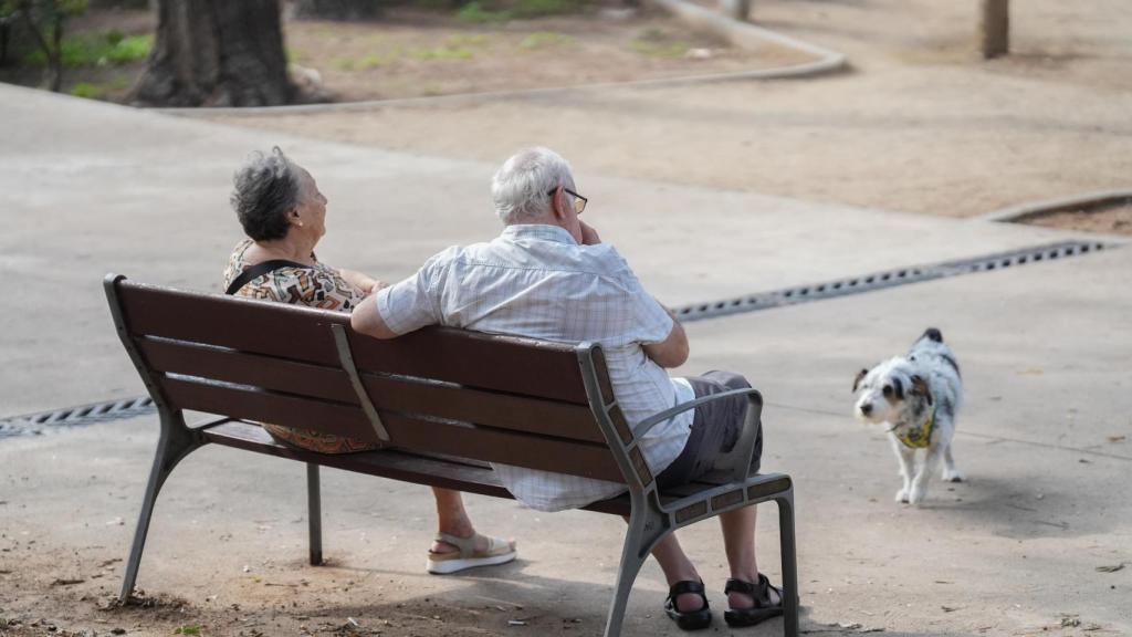 Dos personas y un perro en un parque de Barcelona.