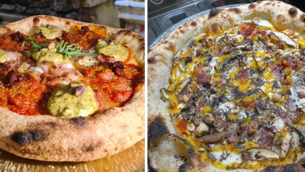 La pizza leonesa a la derecha y la palentina a la izquierda