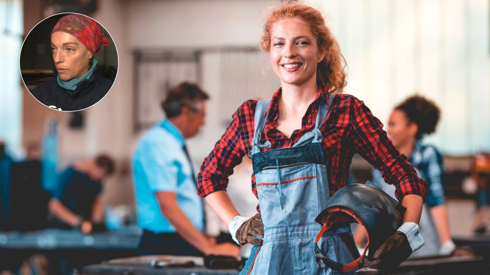 Sonia, soldadora profesional y una imagen de una trabajadora en un taller.