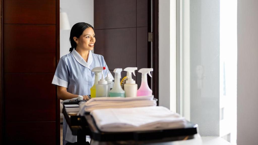 Una empleada doméstica trabajando.