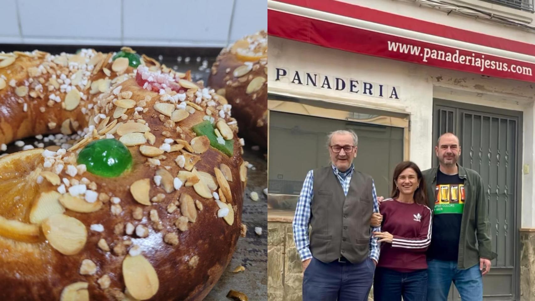 Jesús López junto a su hijo Rubén en el exterior de la panadería.