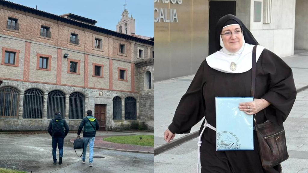 Montaje con Laura García de Viedma y la entrada de la Guardia Civil al monasterio