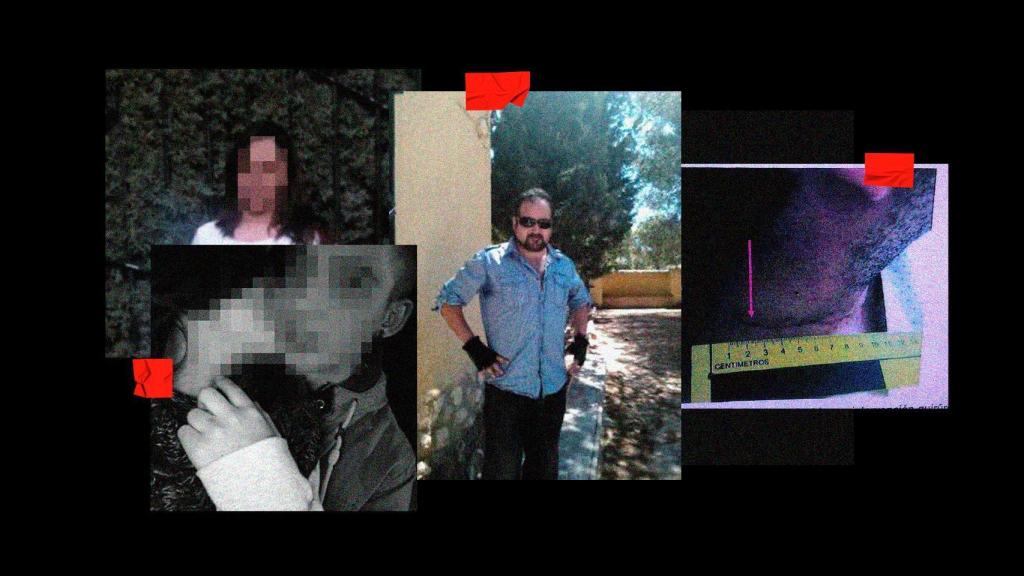 De izquierda a derecha: María del Mar, la expareja de Juan; debajo, la hijastra, Inma, con su novio; en el centro, Juan, la víctima; y a la derecha las lesiones de Juan en el cuello tras las 13 puñaladas.
