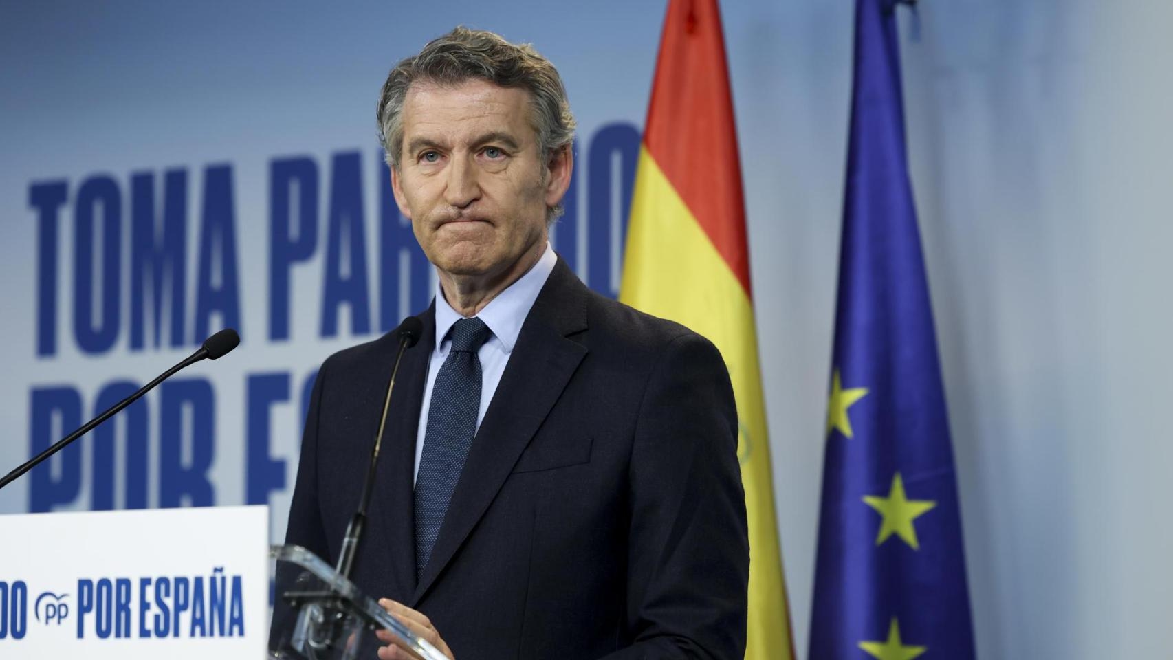 El líder del PP, Alberto Núñez Feijóo, este jueves en la sede nacional del partido, en la calle Génova.