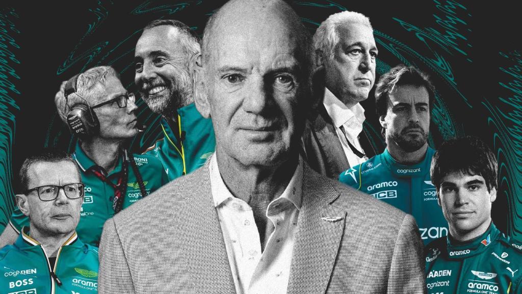 Adrian Newey, Andy Cowell, Mike Krack, Enrico Cardile, Lawrence Stroll, Fernando Alonso y Lance Stroll
