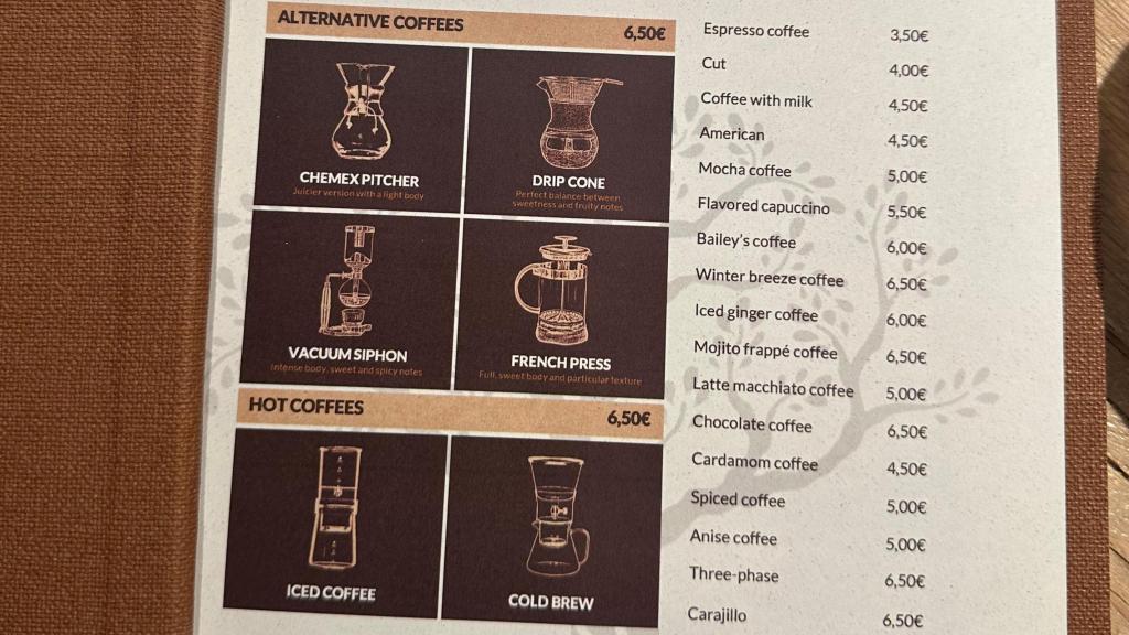 La carta de cafés que ofrecen al final del menú en Casa Nova.