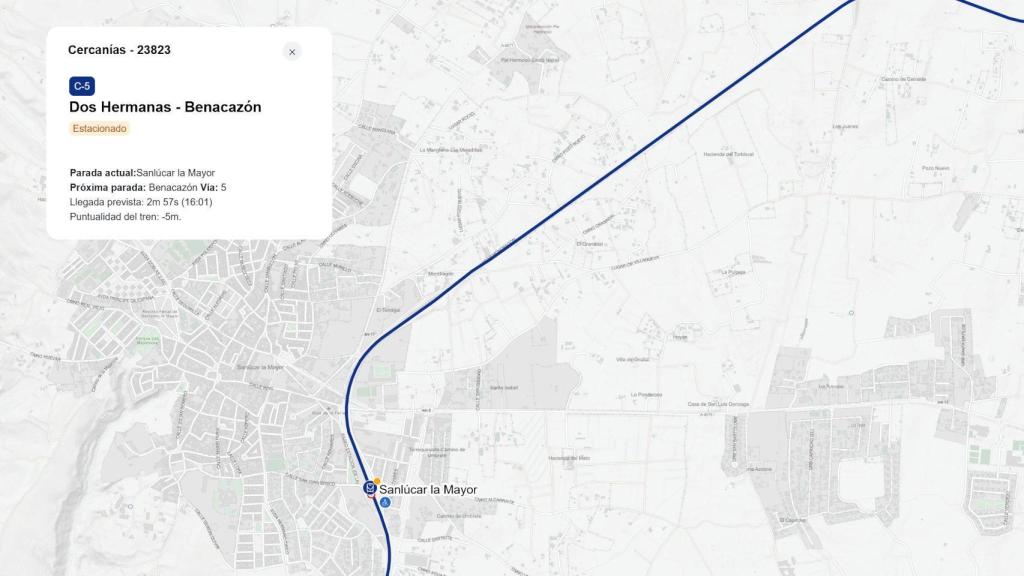 Información sobre un tren de Cercanías estacionado en la app de Renfe
