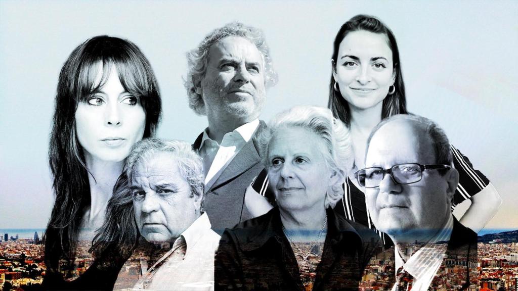 De izquierda a derecha, Mireia Calafell, Juan Marsé, Ildefonso Falcones, Mercè Rodoreda, Irene Solà y Pere Gimferrer. Diseño: Rubén Vique