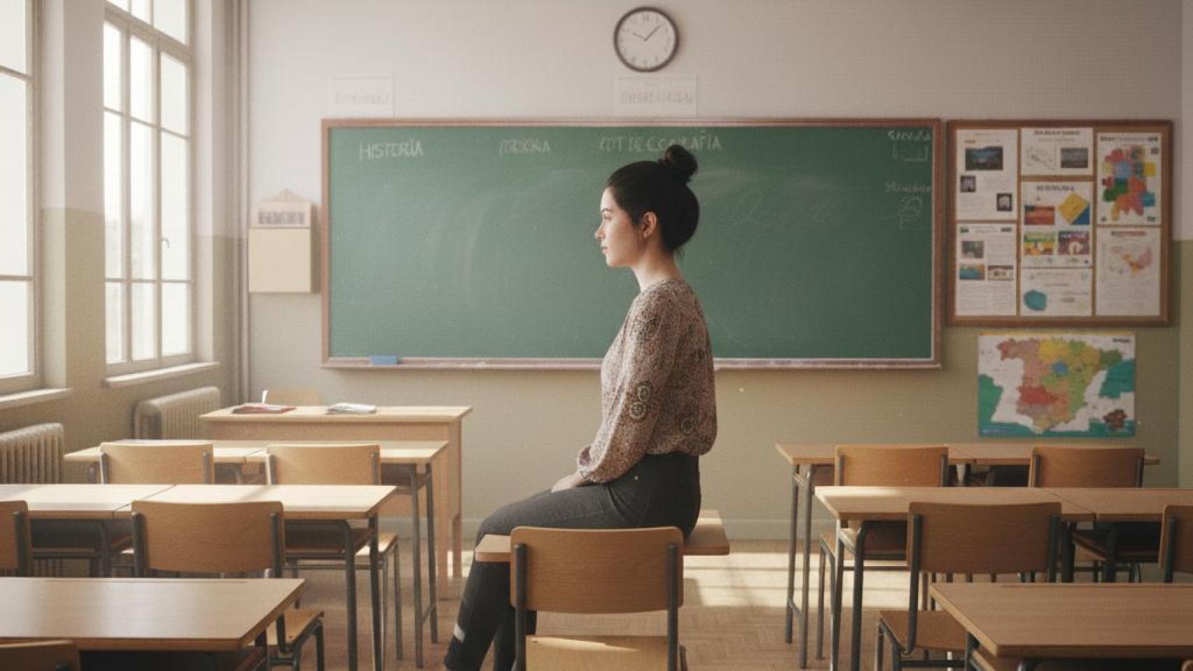 Imagen de una profesora en un aula generada por IA.