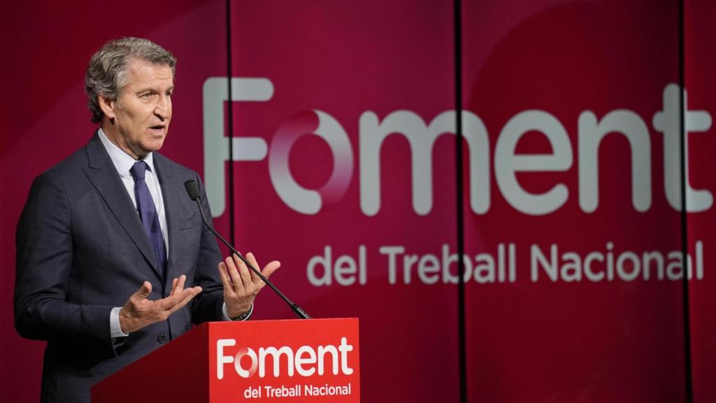 El presidente del PP, Alberto Núñez Feijóo, este viernes en la sede de la patronal catalana Foment del Treball.