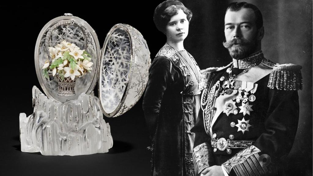 El 'Huevo de invierno' de Fabergé © Christie's Images Ltd, 2025. A la derecha, su diseñadora, Alma Pihl, y el zar Nicolás II, que lo encargó para su madre.